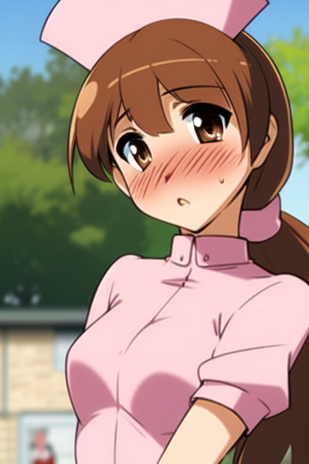 1girl,brown hair,hat,solo,blush,brown eyes,nurse,nurse cap,long hair,ponytail,