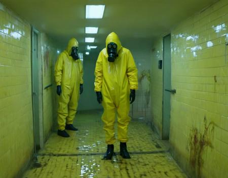 two humans wearing yellow hazmat suit and gazmask and strange horror creature pictured in weirdcore aesthetic style, liminal space underground with slides and flooded and tiles on the walls, weird, distorted <lora:weirdcore_v3-000002:1>