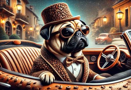 digital painting of a made of Coffee beans, cute pug in suit and bowtie, top hat and cutting edge sunglasses,  entirely made of retro sophistication texture, driving a convertible car, whimsical and magical atmosphere, soft lighting, highly detailed and stylized, concept art for a vintage charm-themed universe