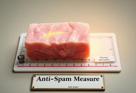 A high quality photograph with an art deco frame and title plaque at the bottom of "Anti-Spam Measures" picturing a block of pink flesh with a glowing yellow aura on a measuring board. There's a small warning label next to the pink block stating "Warning: Anti-matter".
