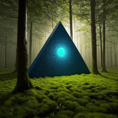 A hyper-realistic painting featuring a three-dimensional blue triangle with human eyes and a mouth, clearly expressing an emotion such as sadness or joy. The triangle should have realistic textures and lighting, making it appear as part of the physical world. It is set in a lush, vibrant forest at dawn, with sunlight filtering through dense foliage, illuminating the moss-covered ground and small wildflowers. Birds and woodland creatures add life to the serene setting. The triangle should blend seamlessly into the environment despite its surreal form, creating a striking contrast between the natural beauty of the forest and the lifelike, anthropomorphic triangle