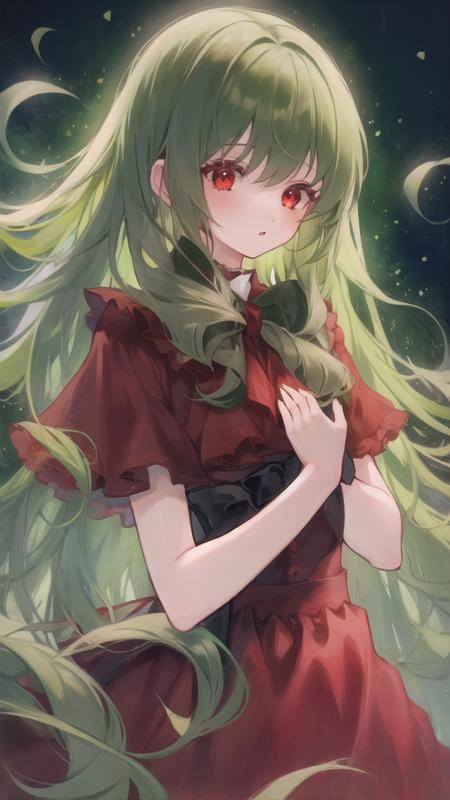 1girl, green hair, red eyes, dress, (solo:1.3),  <lora:MatchaStyleV1:1>