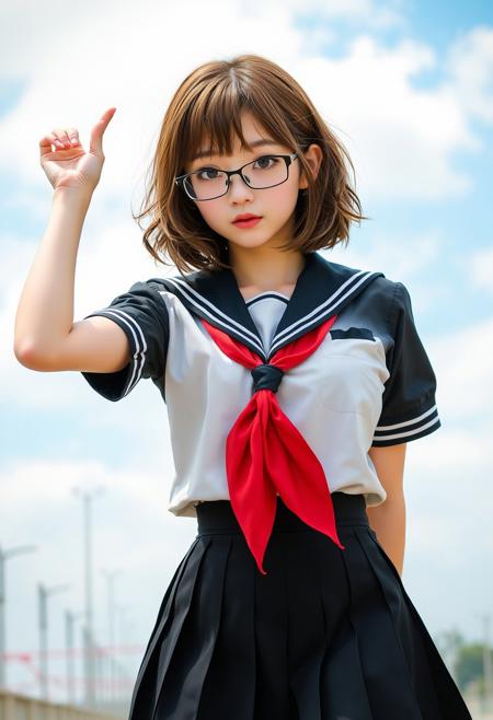 (Soft Lighting Photography by Mimoza Veliu and Mario Giacomelli:1.2), NSFW, 1girl, solo, glasses, school uniform, brown hair, serafuku, skirt, brown eyes, outdoors, looking at viewer, neckerchief, pleated skirt, black serafuku, black skirt, parted lips, red neckerchief, day, short hair, cowboy shot, wavy hair, sailor collar, short sleeves, standing, shirt, sky, black sailor collar, 
beautiful face, sexy, dynamic poses,