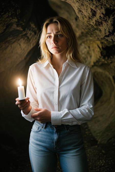 photograph of a woman, (troubled facial expression:1.1), textured skin, goosebumps, (blonde hair:1.2), (unbuttoned white shirt:1.2), distressed boyfriend jeans, long sleeves, (candlelight,chiaroscuro:1.1), cowboy shot, dark and mysterious cave with unique rock formations and hidden wonders, perfect eyes, Porta 160 color, shot on ARRI ALEXA 65, bokeh, sharp focus on subject, shot by Don McCullin