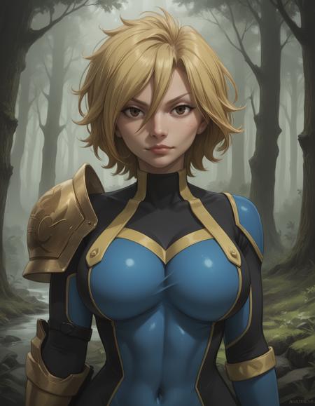 dimaria short hair, blonde hair, hair between eyes blue bodysuit, skin tight, pauldron, blue knee boots armor, cleavage, black and red striped pants, strapless, bare shoulders, sandals