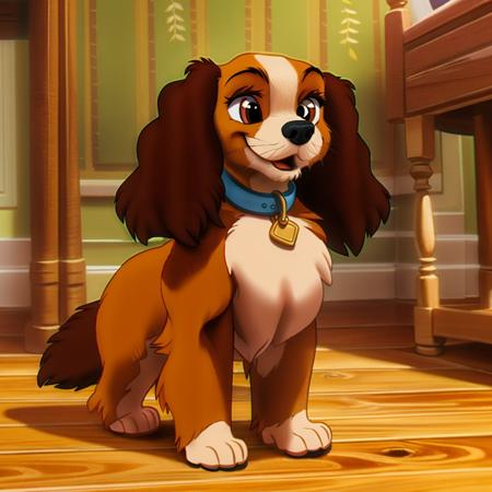 masterpiece, best quality, detailed, cocker spaniel, detailed eyes, perfect eyes, cocker spaniel, solo, smile, open mouth, standing, indoors, collar, animal, wooden floor, animal focus, animalization, domestic dog, lady \(ladyandthetramp\), dog ear, animal nose, dog, no humans, 3d. high res,. hdr, 
 <lora:Ladyv1.1:1>