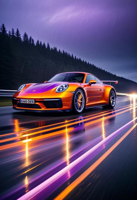 ((a metal Porsche made of a pearlescent orange and purple l1qu1dp34rl)), futuristic concept photography. the image is captured in stunning 32k UHD resolution. wet highway glistens beneath the motion-blurred effect, emphasizing the sensation of speed. Headlamp lights streak through the rain-slicked darkness, casting dynamic reflections that dance along the surface. Rendered in realistic 8k HD HDR XDR, every pixel is a masterpiece, blurring the line between imagination and reality.