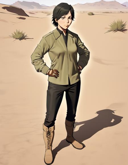 (masterpiece,best quality),late,1girl,taliana,standing,short hair,small breasts,full body,hands on hips,jacket,gloves,shirt,pants,boots,tanned skin,looking at viewer,in desert,<lora:TalianaAnimagineXL:0.9>