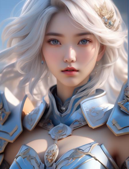 ((Best quality)), ((masterpiece)), (highly detailed:1.3), white hair, intricate azure armor, detailed gorgeous face, beautiful young South Korean girl, medium length white hair, toned stomach, showing midriff, (photorealistic, photorealism), (8k, RAW photo, highest quality, masterpiece, ultra-high resolution, physics-based rendering),