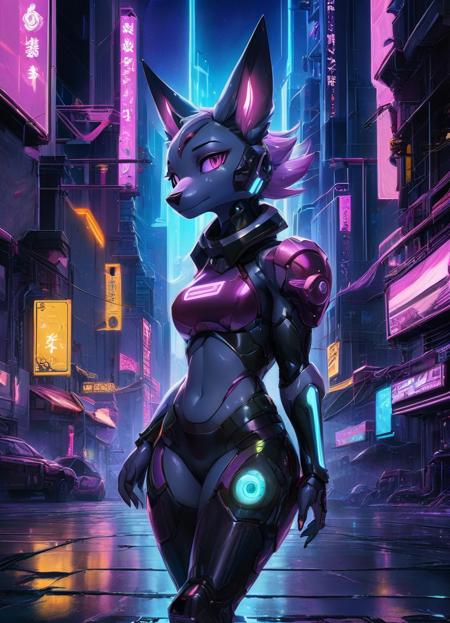 Stylized anime artwork, a female protogen furry, solo, skinny, digital painting, pallet knife, photoshop acrylic painting, anime studio, color graded, subsurface scattering, HDR, cinematic lighting, masterpiece, best quality, detailed, absurd res, bloom, (cyberpunk city)