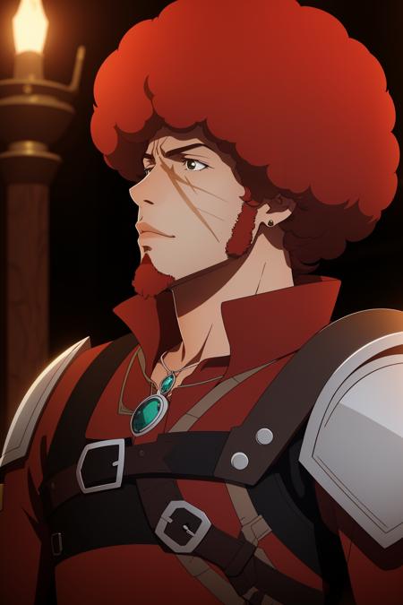 <lora:CREATED_ANIME_ShingekiNoBahamut_FavaroLeone_v01_dim64:0.7>favaro leone \(shingeki no bahamut\), 1boy, season2, mature male, facial hair, facial scar, afro, full body, single pauldron, 64K, f1.2, 800mm, UHD, dynamic lighting