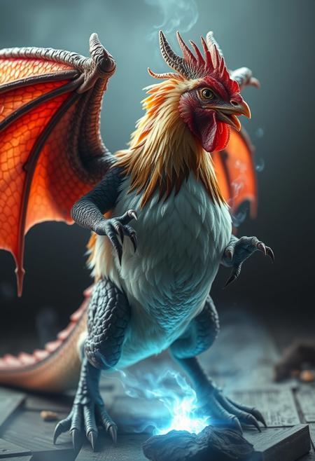 image showing a dragon mid-transformation into a chicken. The dragon's features, such as scales, wings, and claws, will partially blend with the emerging chicken form, like feathers and a beak. The scene will capture the mystical energy of the metamorphosis, with glowing light or magical aura surrounding the creature as the transformation takes place.