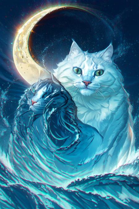 masterpiece, best quality, cat,water, <lora:Cat:1> <lora:Starry:0.5>,light particles, moon,starry,