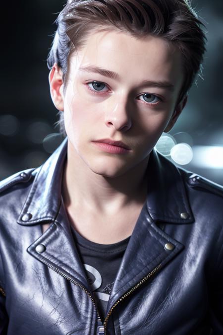 a young man on a motorbike, 20 years old, 25 years old, in a ripped jacket, <lora:edwardFurlong:1>, 8K, RAW, UHD, upper body, (close up, head short, clear eyes), highly detailed face, midnight in the city, blue cinematic lighting, (tired:1.2), (natural skin), bokeh, (red laser lighting), terminator film, shoulder length hair