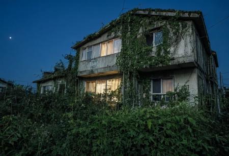 abandoned big prefabricated housing estate, dilapidated, house front slightly overgrown with plants, scattered graffiti, night, moon shining, unpleasant atmosphere, picture taken from bottom to top, slight blue veil, cinematic lighting, highly detailed,