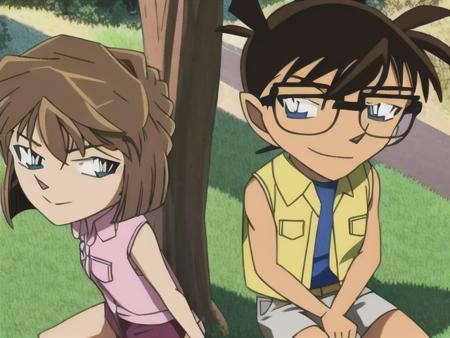 <conanAndhaibara>, 1girl, 1boy, brown hair, glasses, shirt, short hair, sleeveless, shorts, black-framed eyewear, tree, skirt, against tree, shoes, grass, sitting, over-rim eyewear, sleeveless shirt, white shirt, collared shirt, socks, child, blue eyes, outdoors, smile, hand in pocket, female child, short sleeves, hands in pockets, aged down, standing, hair between eyes, crossed arms, closed mouth, bangs, male child