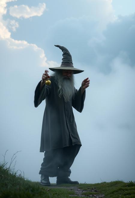 Misty morning, clouds in the sky,
Without warning, the wizard walks by,
Casting his shadow, weaving his spell,
Funny clothes, tinkling bell