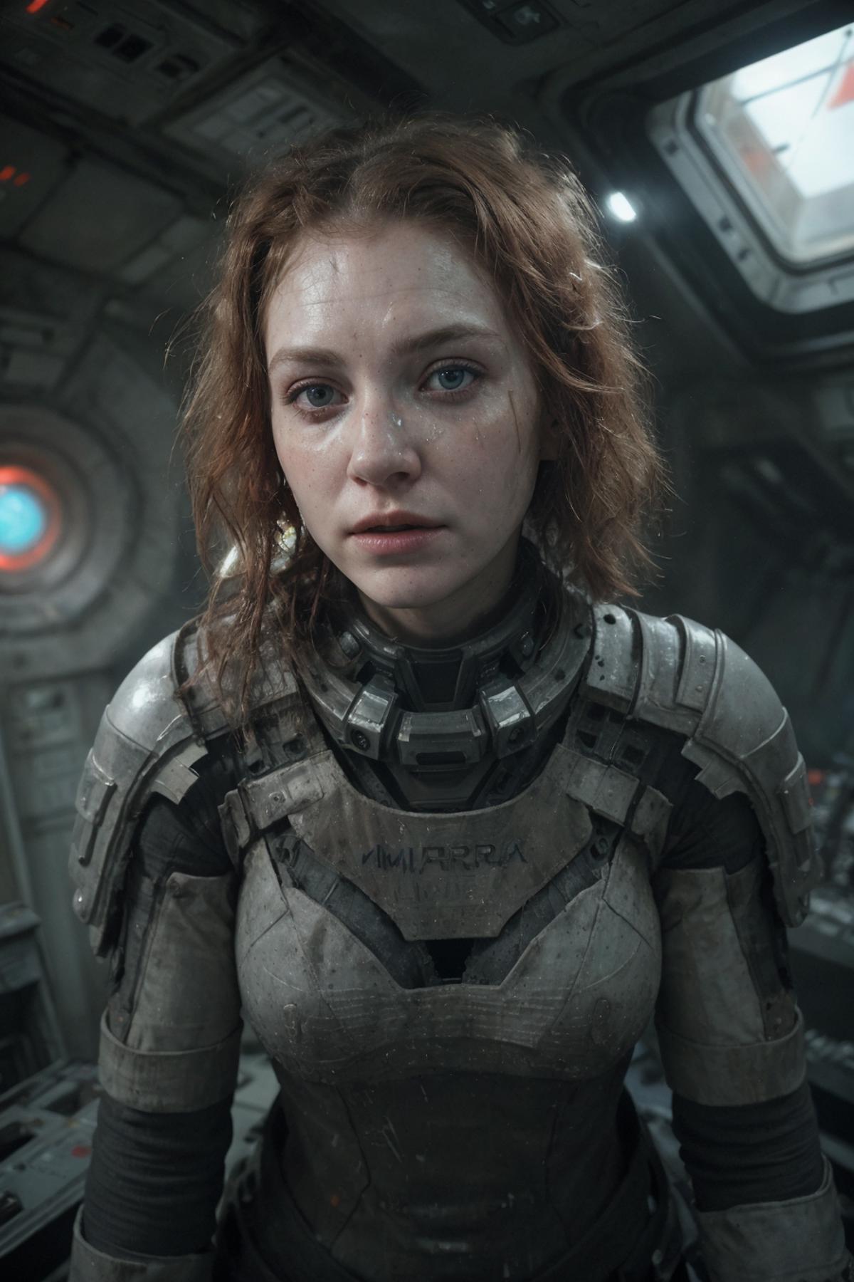 cinematic lighting, photo of a ginger woman, in (crashed spaceship:1.2), cracks, scratches, white futuristic space suit, (...