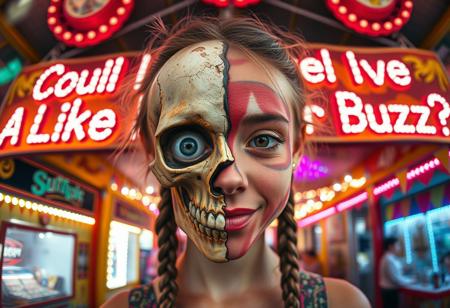 “A whimsical and surreal portrait of a girl with a distorted, comical face, featuring one eye larger than the other, vibrant face paint, and two playful braids in her hair. Half of her face is a real, rotten skull, with detailed, decayed bone structure, exposing cracked and aged bones, and the skull appears lifelike yet worn with time. The other half is covered in exaggerated, colorful face paint. The skull gives off a gritty, almost macabre vibe, blending with the lively and hype atmosphere of the carnival. Captured using a 12mm fisheye cinematic prime lens for an exaggerated perspective. The setting is a lively carnival with neon lights, whimsical decorations, and a dreamy yet unsettling atmosphere. A rotten, old light banner in the background displays the text: ‘Could I receive a Like or Buzz?’ in flickering, uneven letters. The colors and contrasts are enhanced for a surreal effect, combining playful and eerie styles, with a mix of humor and dark visual artistry.”