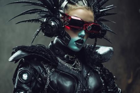 kinky robotpunk monster, raw photo, rave fashion photography, extravagant,high fashion,editorial,trendy,stylish