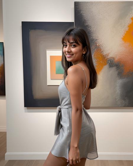 (Breathtaking), ((Spectacular)), (Impressive) analog photo of dgmochav2_TI,  woman,Grey dress,smiling,bangs, at an art gallery with an abstract oil painting in background bokeh, shallow lighting, Rim light, Separation light, Halo effect, Small aperture, Sharp from front to back,full body