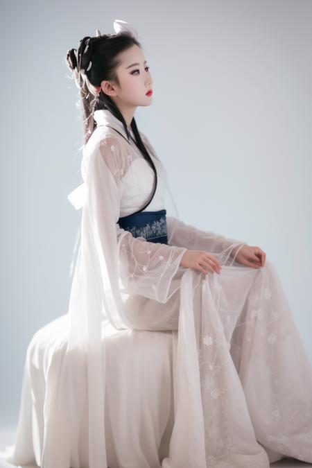 masterpiece, best quality,detailed face,
1girl,solo,((full body)),white hanfu,hair ribbon,
gradient background, sitting, 
 <lora:xiaolongnv_guofeng_v1:1>