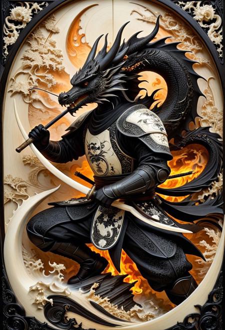 made out of ebony and ivory, scrimshaw, bone carving,  ninja, dutch angle, dynamic, wooden wall background, artistic, war, fog, smoke, flame, dragon, fire,