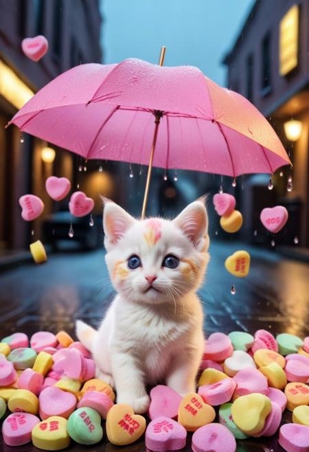 score_9, score_8_up, score_7_up, masterpiece-level, highly detailed, fantasy-themed, antho cat, chibi cat, chibi antho cat, cute animal focus, really cute animal, cute focus, intricate details, vibrant and hilariously relaxed aesthetics, (rain made from candyhearts,:1.5) , tiny candy hearts poaring, (raindrops made from candyhearts,:1.5) holding, umbrella:2, raining, kitten:2, standing, photorealistic render with Warframe aesthetic, dramatic lighting, best quality, plastic umbrella, (raindrops made from candyhearts:1.5)visible to shelter protecting a tiny, shivering calico kitten kitten nestled in a dark, atmospheric alleyway between high-tech buildings, (rain made from candyhearts:1.5) pouring down dramatic nighttime lighting, illuminated primarily by streetlights and the focusing on the kitten huddled safely, cute kitten, protection, rainy night, umbrella, juxtaposition, touching moment, sci-fi elegance, masterpiece, best quality, best quality, absurdres, 8k, HDR, <lora:albrecht_labs:1>