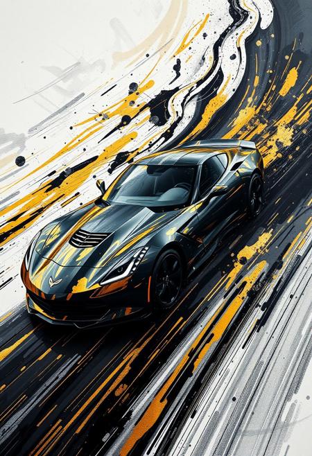 A hyper-stylistic, extremely detailed image depicts a breathtaking painting, crafted from a combination of smeared black and gold metallic paint. A corvette is captured in a streaked motion, as if it is moving rapidly in one direction. The black paint is applied in bold, dynamic strokes, creating a sense of energy and movement that is contrasted beautifully by the golden accents. The gold paint is used to highlight the corvettes features, adding a sense of depth and dimensionality to the image. The overall effect is one of breathtaking, surreal dynamism, as if the viewer has captured a fleeting moment in time. Every detail of the image is meticulously crafted, from the delicate, swirling patterns of the gold paint to the intricate, textured patterns of the black paint. The contrasts between light and dark, color and texture, create a sense of tension and energy that draws the viewer in, inviting them to explore the kinetic world of the painting. highest-Quality, intricate details, visually stunning, Masterpiece