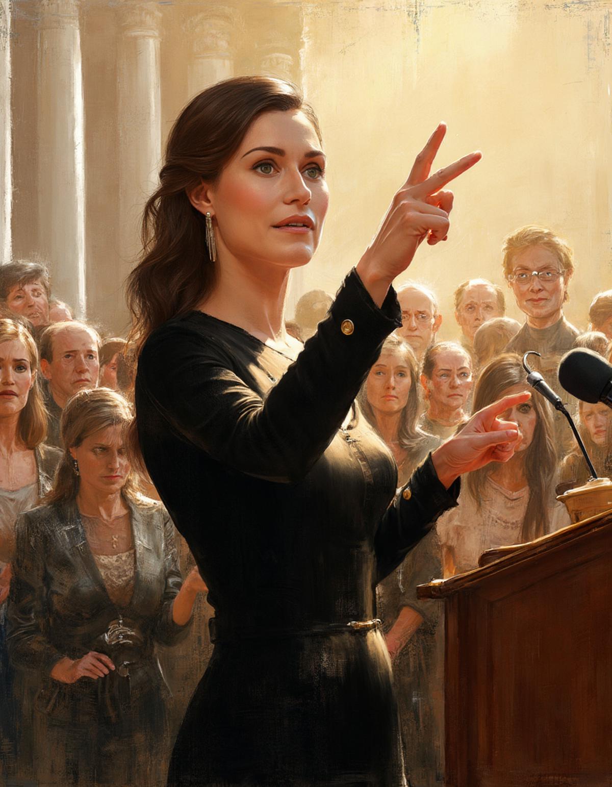 An artistic rendering in a modern western style of Sanna Marin at a press conference. She is wearing a black dress and pointing vigourously with her hand as she addresses a crowd