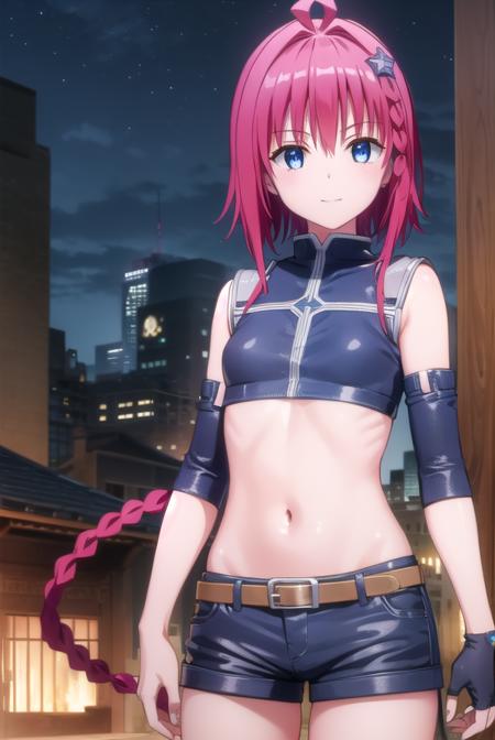 meakurosaki, <lyco:mea kurosaki darkness-lyco-nochekaiser:1>,
mea kurosaki, ahoge, blue eyes, braid, hair intakes, hair ornament, long hair, red hair, hair braid, smile,
BREAK gloves, navel, boots, detached sleeves, shorts, fingerless gloves, black shorts, crop top,
BREAK outdoors, night, sky, city, moon, star \(sky\),
BREAK looking at viewer, (cowboy shot:1.5),
BREAK <lyco:GoodHands-beta2:1>, (masterpiece:1.2), best quality, high resolution, unity 8k wallpaper, (illustration:0.8), (beautiful detailed eyes:1.6), extremely detailed face, perfect lighting, extremely detailed CG, (perfect hands, perfect anatomy),