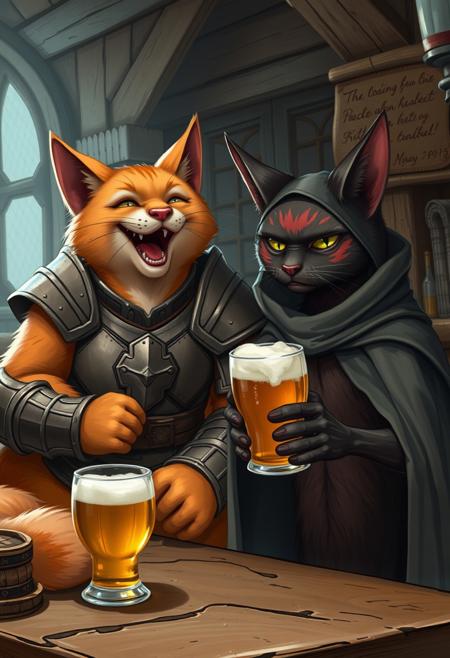 "Hyper-detailed art, fantasy, 2 anthropomorphic or furry cats sitting in medival tavern. First one big and tall, have an orange fur, joyfull and wearing a warior armor. another one is skinny, have a shrot black fur and grumpy, wears a cloak and cape. Both of them having a beer on table. Orange cat seems to tell some story and the black ones looks annoyed. Style: extremely detailed, and humorously adorable, with a focus on capturing the playful, lighthearted atmosphere". Close up, upper body