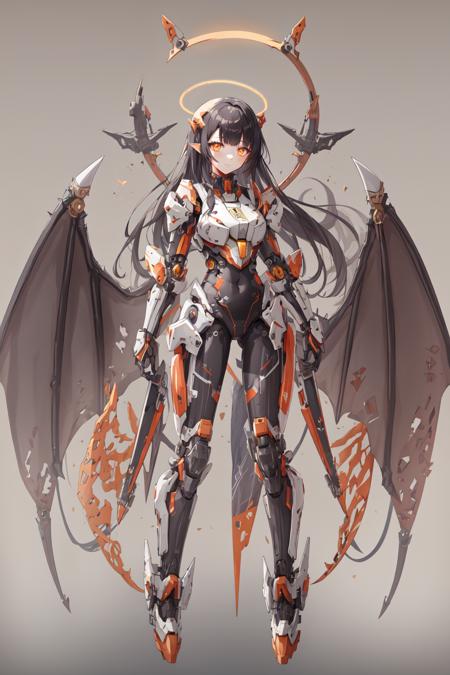 highres, highest quallity, 1girl, (adult:1.2), solo, solo_focus, straight hair, black_hair, orange_eyes, long_hair, mechanical parts, mechanical wings, mechanical_dragon, dragon_girl, halo, glowing_eyes, glowing_wings, gradient, gradient background,