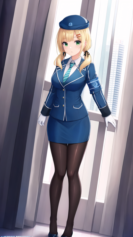 emilia_krt_girls, 1girl, solo, long hair, skirt, blonde hair, shirt, hair ornament, gloves, long sleeves, hat, ribbon, twintails, green eyes, jacket, hair ribbon, pantyhose, necktie, shoes, hairclip, striped, white gloves, miniskirt, uniform, blue skirt, black pantyhose, black ribbon, low twintails, blue jacket, armband, blue headwear, pencil skirt, blue necktie, striped necktie, emilia_krt_girls, 1girl, solo, long hair, skirt, blonde hair, shirt, hair ornament, gloves, long sleeves, ribbon, twintails, green eyes, jacket, hair ribbon, white shirt, ahoge, pantyhose, necktie, hairclip, striped, collared shirt, white gloves, blue skirt, black pantyhose, black ribbon, low twintails, blue jacket, armband, blue necktie, striped necktie emilia_krt_girls, 1girl, solo, long hair, blonde hair, shirt, hair ornament, white background, ribbon, twintails, green eyes, hair ribbon, white shirt, ahoge, necktie, hairclip, black ribbon, low twintails, blue necktie