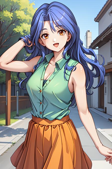 1girl, outdoors, cowboy shot, smile, open mouth,  
kuon_saya, brown eyes, blue hair, long hair, mole under mouth, green shirt, cleavage, (sleeveless:1.2), orange skirt, <lora:kuon_saya_lora_ver1:0.8>, best quality, masterpiece, highres, <lora:GoodHands-vanilla:1>