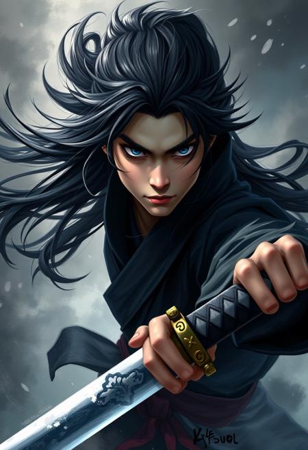 . This is a digital painting in a dynamic, realistic style, depicting a fierce, young warrior with long, flowing black hair and intense, piercing blue eyes. yuyu with a pale complexion, dressed in traditional East Asian warrior attire consisting of a dark, high-collared robe that flows dramatically with the wind, enhancing the sense of motion. He holds a katana sword in his right hand, which is poised for attack, its blade shimmering with reflected light. The background is a chaotic mix of swirling, dark smoke and light, suggesting a battle or intense conflict. The overall color palette is dominated by dark grays, blacks, and blues, with subtle highlights that bring out the texture and depth of the subject's clothing and hair. The artist's signature,adding a touch of authenticity to the piece. The image conveys a sense of danger, strength, and determination, typical of martial arts and fantasy genres.