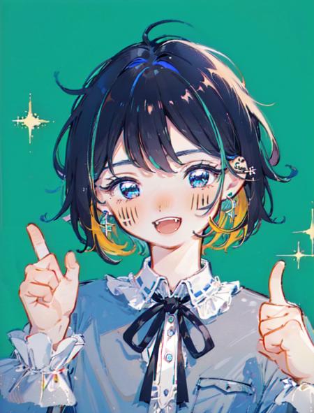 shouhui, beautifulboy, solo, 1girl, :d, aqua background, artist name, bangs, black hair, blue background, blue eyes, blue hair, blush, character name, dated, earrings, eyebrows visible through hair, facial mark, fangs, frills, green background, grey shirt, jewelry, long sleeves, looking at viewer, multicolored hair, neck ribbon, open mouth, shirt, short hair, signature, simple background, smile, sparkle, tattoo, teeth, upper body, virtual youtuber, 1boy, white shirt, male focus, piercing, cat, ear piercing, thumbs up,<lora:shouhuiline:1>