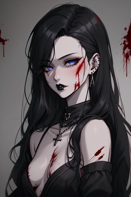 Goth girl 1girl ,1girl, solo, long hair,  pale skin, black hair, jewelry, closed mouth, black clothes, lips, red eyes, blood, (detailed eyes:1.5), piercing, portrait, injury, blood on face, lip piercing , earrings,   <lora:Goth_girl-v1.5:0.8>