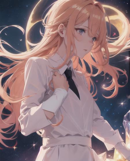 hair red gradient blonde, night sky, detailed face, face focus, shiny skin, game cg, nigh sky, moonlight, moon, white gloves, polish dress shirt glitter glass, Intricate Surface Detail, Crystal Core , Ethereal Fantasy, Realistic, Fiction, Full-HD, 8K Photo, HD,