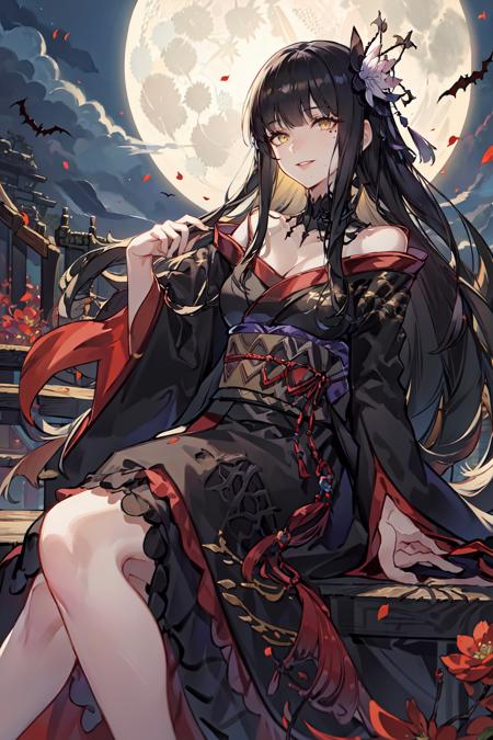 Yotsuyu FFXIV,  1girl,  bangs,  bare shoulders,  bat hair ornament,  black collar,  black hair,  black kimono,  blunt bangs,  blunt ends,  cleavage,  collar,  detached collar,  flower,  full moon,  hair flower,  hair ornament,  hyur,  japanese clothes,  kanzashi,  kimono,  long hair,  looking away,  looking to the side,  makeup,  mole,  mole under mouth,  moon,  obi,  obiage,  obijime,  off shoulder,  parted lips,  railing,  sash,  sidelocks,  sitting,  smile,  solo,  straight hair,  tassel,  wide sleeves,  yellow eyes, <lora:EMS-49404-EMS:0.800000>