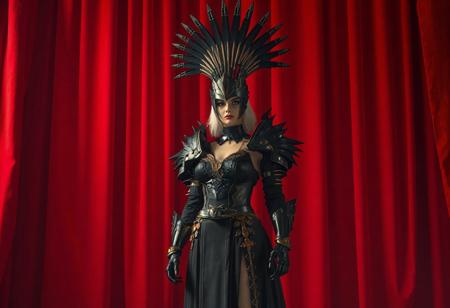"voluptuous  Queen's Knight, standing tall and proud, wearing a dramatic spiked headdress and a black dress adorned with gold accents, positioned in front of a vibrant red curtain. The scene is set against a World Legacy in Shadow background  emphasizing the Queen's Knight as the focal point.keyhole-suit, The image captures a moment of stillness, with the Queen's Knight as a silent observer. Rendered in 4K quality with stunning details, lifelike features, and captivating lighting. The artistic style incorporates elements of Grammar Effect, Unreal Engine 5, and various digital illustration techniques, creating a cohesive and visually striking composition. The colors are harmonious, with a multi-colored palette that enhances the contemporary aesthetics of the scene. The background is attractively composed, with balanced editing and intentional focus, ensuring the Queen's Knight remains the central figure. The overall image is a masterpiece of digital art, perfect for trending on platforms like Artstation and CGSociety."