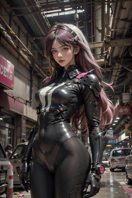 realistic,<lora:nijiMecha:0.8>,complex 3d render ultra detailed,150 mm,beautiful studio soft light,(rim light:1.3),vibrant details,luxurious cyberpunk,Complex background,octane render,8k,best quality,illustration,an extremely delicate and beautiful,extremely detailed,CG,unity,wallpaper,(realistic, photo-realistic:1.37),Amazing,finely detail,best quality,official art,extremely detailed CG unity 8k wallpaper,dynamic angle,dynamic pose,cowboy shot,from below,1girl,detailed face,detailed eyes,looking at viewer,cold attitude,((white:1.3 | pink:1.4 hair)),(very long hair:1.3),armor,bodysuit,mechanical arms,Cyberpunk dystopia,City streets,(In the ruins of a cyberpunk city after a thermonuclear war, broken neon signs hanging from buildings, neon signs),Neon lights,fluorescent lights,smoke,Syd Mead,Cyberpunk,lots of exposed broken cables,Neon black and white,Unreal Engine,<lora:add_detail(realistic):0.8>,