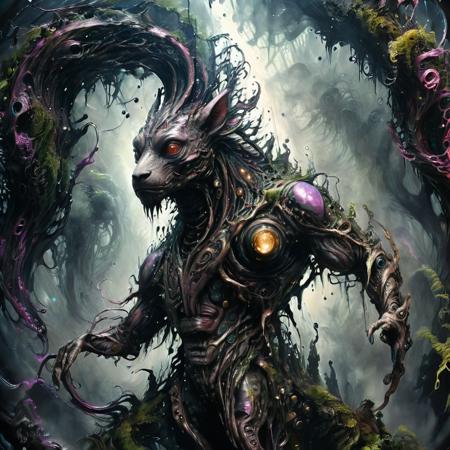 (masterpiece, best quality, ultra-detailed), a spiral shaped futuristic steampunk fantasy cyberpunk dimgray Okapi man alien monstrosity thing, in a space forest city, swirling ink, dark background, ab0m, fenliexl, mixed media, surrealism, Faetastic, perfect composition, intricate detail, dark atmosphere