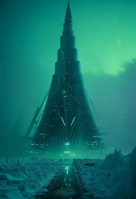 ()Hyoer Realistic:2.7)Polaroid picture an image of a Hyper-realistic cityscape of Dubai transplanted into the icy landscape of Alaska. The Burj Khalifa and other iconic Dubai skyscrapers stand tall amidst snow-covered mountains and frozen lakes. Neon lights and holographic advertisements illuminate the buildings, contrasting with the serene, snowy environment. Advanced, futuristic architecture blends seamlessly with the natural beauty of Alaska. The scene is set at dusk, with the sky transitioning from blue to a deep, icy purple. Detailed reflections on the frozen surfaces, intricate lighting effects, and a sense of dynamic energy. Rule of thirds, high-resolution details, and realistic textures.