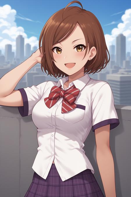 im yujin, brown hair, short hair, ahoge, yellow eyes, long eyelashes, idolmaster cinderella girls, school uniform, short sleeves, purple sleeve ends, white shirt, collared shirt, breast pocket, red bowtie, untucked shirt, purple skirt, plaid skirt, pleated skirt, short skirt im yujin, brown hair, short hair, ahoge, yellow eyes, long eyelashes, idolmaster cinderella girls, short sleeves, grey sleeve ends, white midriff, pink two-way collar, gold epaulettes, cleavage, collarbone, navel, shorts, short shorts, white shorts, pink belt, black gloves, pink footwear, high heels