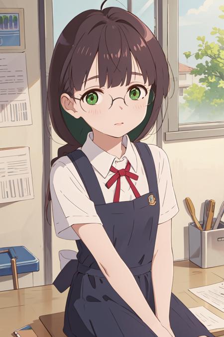 1girl, (masterpiece:1.3), highres, high quality, highres, ultra-detailed, best quality,  (perfect face and eyes:1.2), (textured skin:1.2), (pixiv), (solo),<lora:takumi-08:0.7> , takumi, school uniform, glasses, white shirt, green eyes, brown hair, collared shirt, short sleeves, neck ribbon, braid, blue skirt, blush, apron, workshop, hammer, tools,