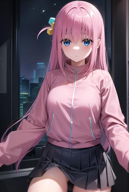 hitorigotou, <lora:hitorigotou-lora-nochekaiser:1>, 
hitori gotou, blue eyes, cube hair ornament, hair between eyes, hair ornament, pink hair, one side up, long hair,
BREAK black skirt, jacket, long sleeves, pants, pants under skirt, (pink jacket:1.5), pink pants, pleated skirt, skirt, track jacket, track pants, track suit,
BREAK indoors, classroom,
BREAK looking at viewer, (cowboy shot:1.5),
BREAK <lyco:GoodHands-beta2:1>, (masterpiece:1.2), best quality, high resolution, unity 8k wallpaper, (illustration:0.8), (beautiful detailed eyes:1.6), extremely detailed face, perfect lighting, extremely detailed CG, (perfect hands, perfect anatomy),