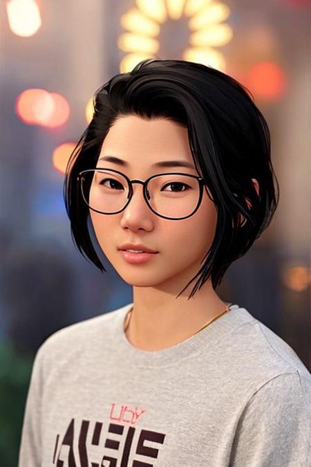 alexchen,1girl, solo, glasses, jewelry, realistic, blurry background, brown eyes, black hair, earrings, nose, necklace, shirt, lips, short hair, happy, mole, black shirt, piercing, sweater, sitting