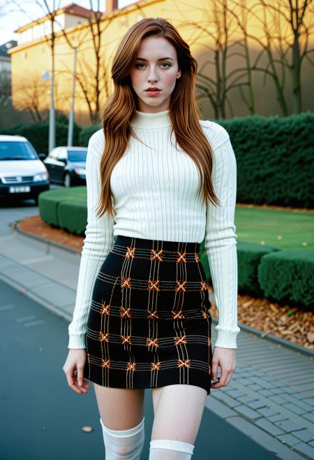 (Close up analogue photo) of a beautiful 25 years ((pale skin)), oval face, auburn haired woman, <lora:Jacinta_SDXL:0.7>,wearing Preppy Chic: Cable knit sweater, Plaid mini skirt, Knee-high socks, Loafers, Satchel purse, Pearl hair clip, ,,high quality, film grain, Fujifilm XT3, 8k uhd, dslr, film grain, kodak tri-x 400 film, grain photo DOF, faint lighting, dynamic angle, cinematic, Depth of field, bokeh, best quality, cinematic, light particles, highly_detailed, very_aesthetic, golden hour, beautiful_and_aesthetic ,Sexy pose, erotic pose, exhibitionism ,cyberpunk street race