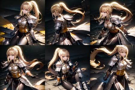 <lora:Darkness:1>, Darkness, armored boots, bodysuit, breastplate, shoulder armor, ponytail, blonde hair, x hair ornament, armor